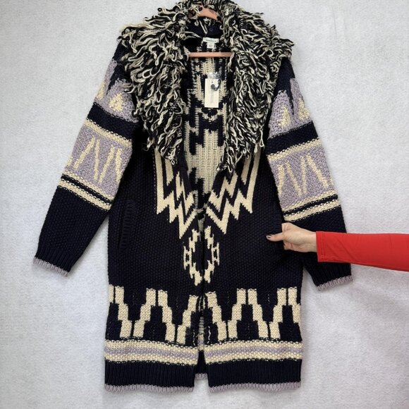 Sundance Cardigan Sweater Womens Small Navy Cream Aztec Shag Collar Knit Long - Picture 3 of 9
